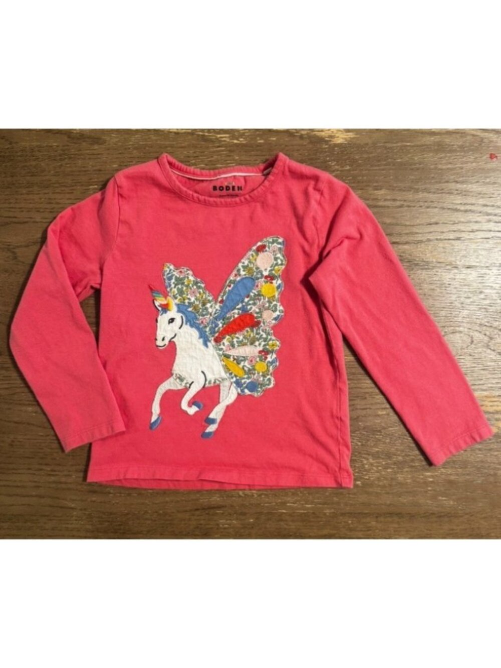 Mini Boden Pink Long Sleeve Cotton Unicorn Floral Wing Applique Shirt whimsy